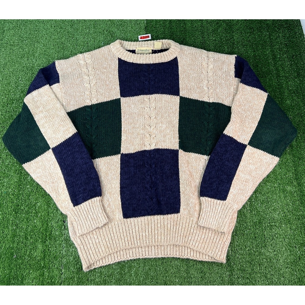 St Johns Bay Mens Large Heavy Dad Sweater Colorblock Checkerboard Cable Knit Tan